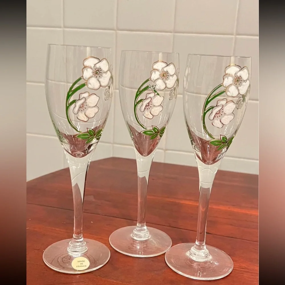 Vintage Perrier Jouet Champagne Flutes, Hand Painted, Set of 3